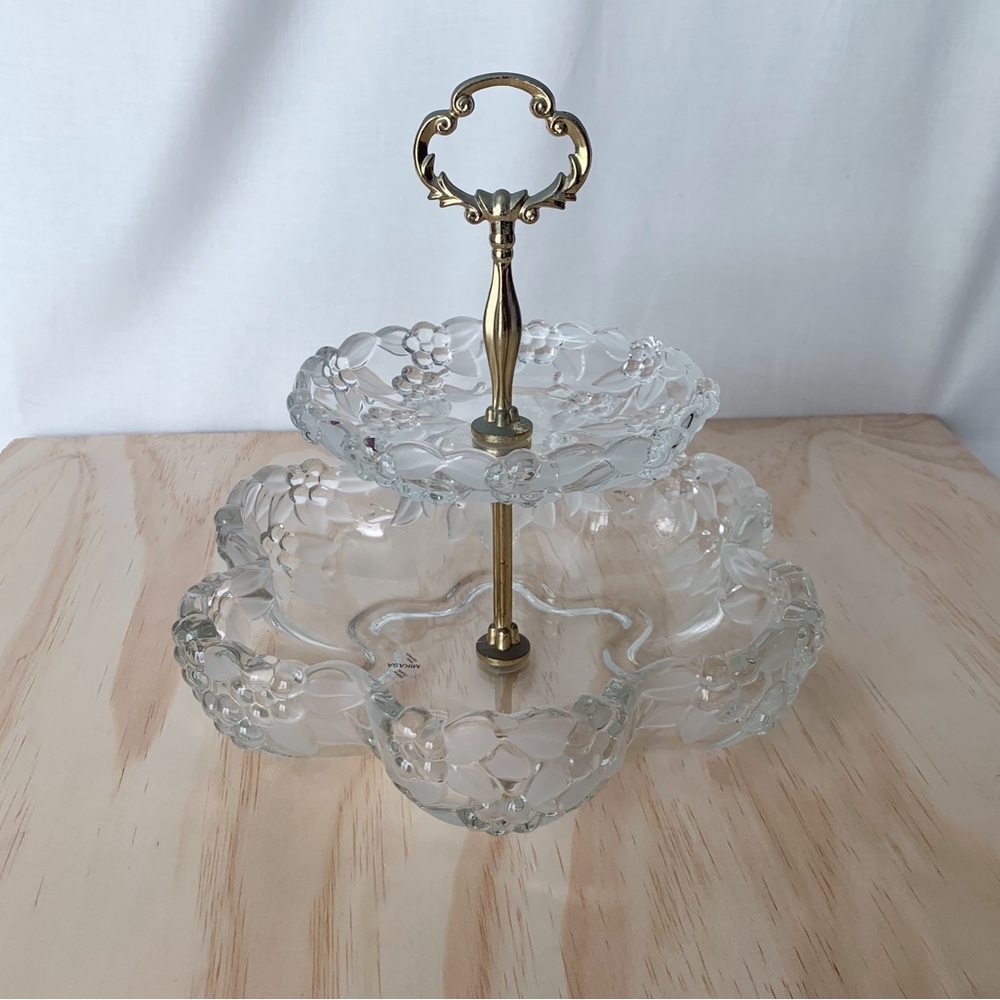 Mikasa Floral Two Tier Glass Server With Brass Details